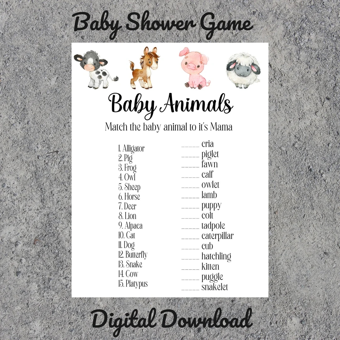 Printable Farm Animal Baby Shower Game Match Baby To It s Mama Baby Animals Farm Baby Shower Baby Shower Games Digital Download Etsy