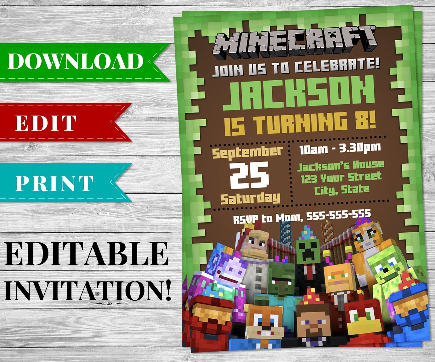 Printable Minecraft Invitation PDF Minecraft Birthday Party Supplies