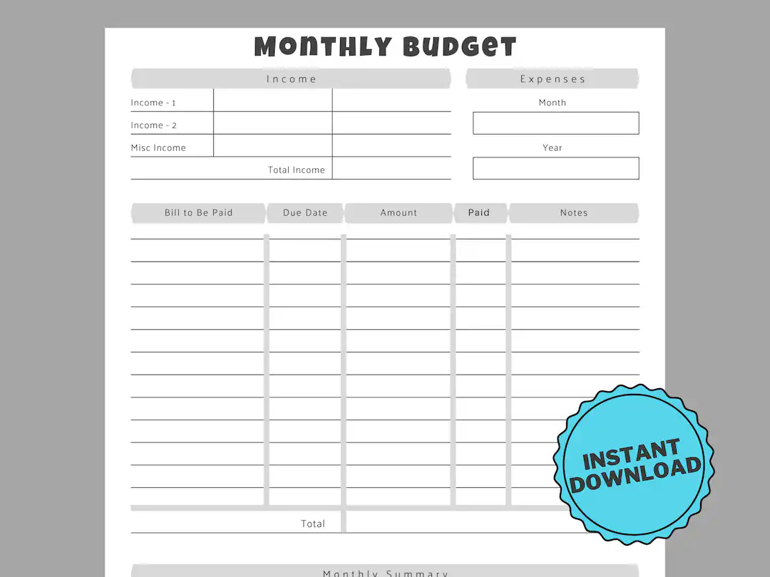printable monthly budget sheet blue grey orange pdf download etsy