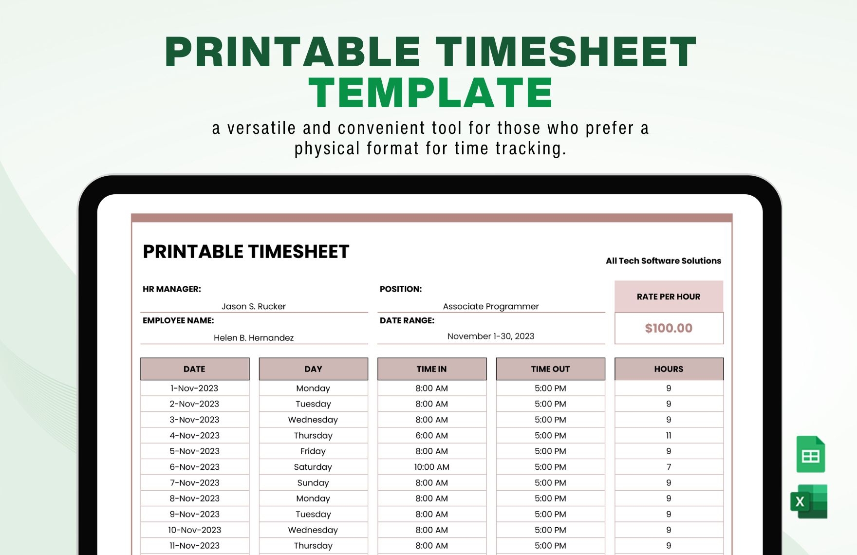 Printable Timesheet Template In Excel Google Sheets Download Template 