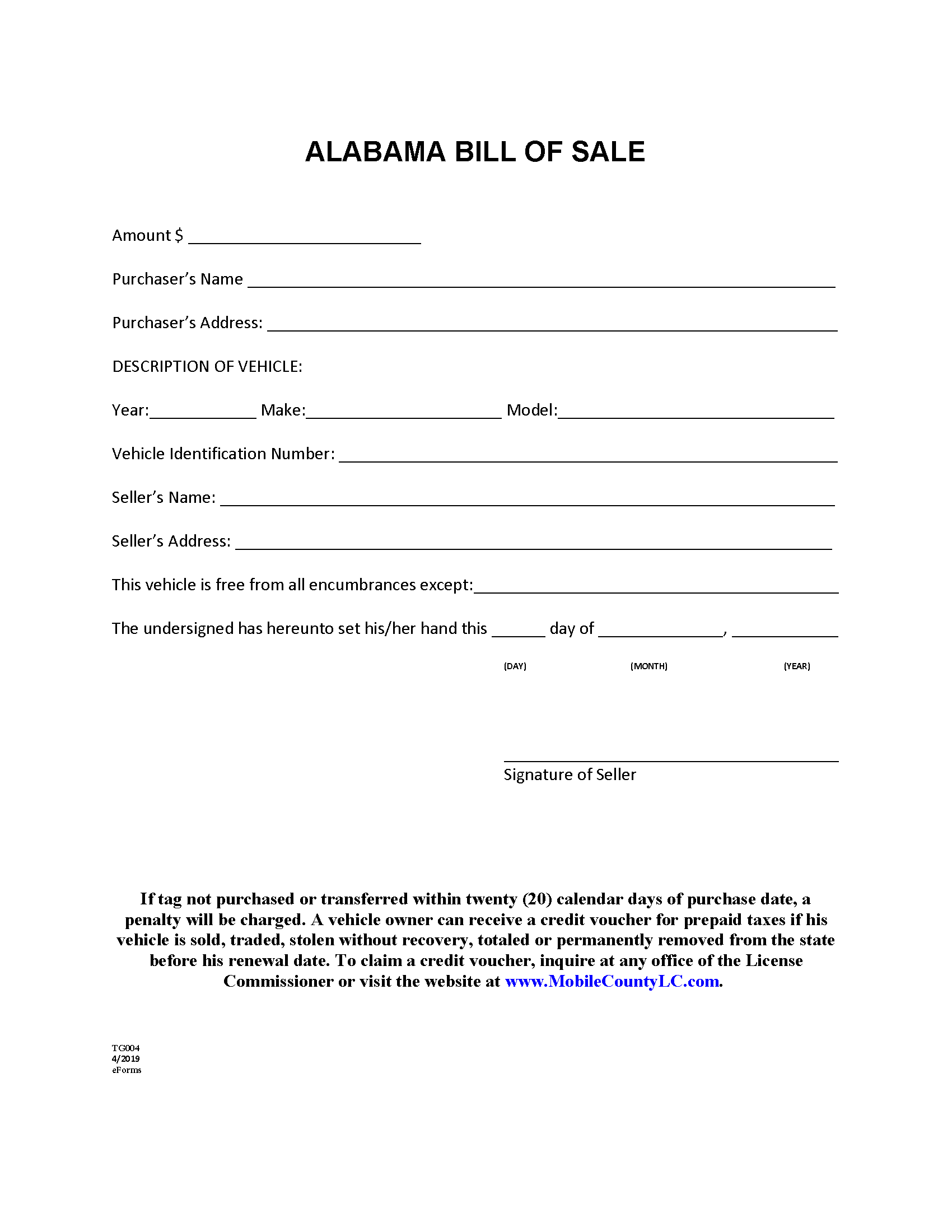 Free Printable Bill Of Sale For Vehicle