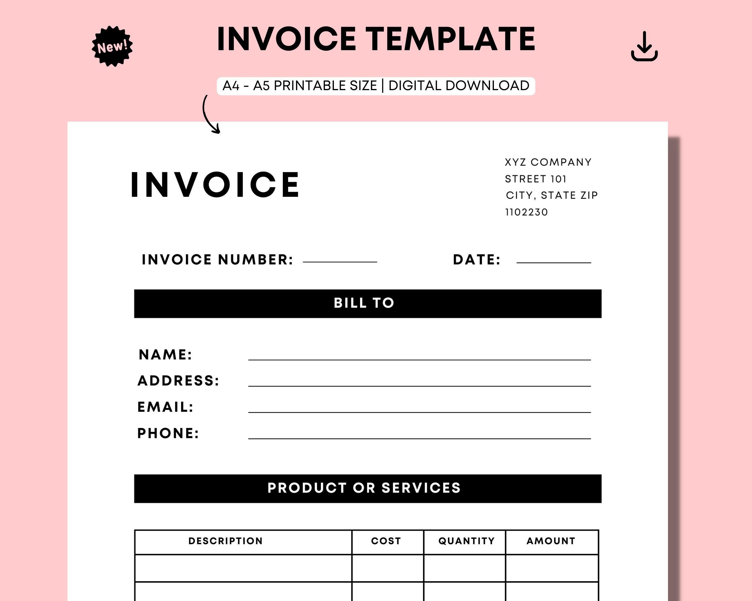 Professional Printable Invoice Template Invoice Printable Template Clean U0026 Stylish Design Instant Download PDF A4 A5 Sizes Etsy