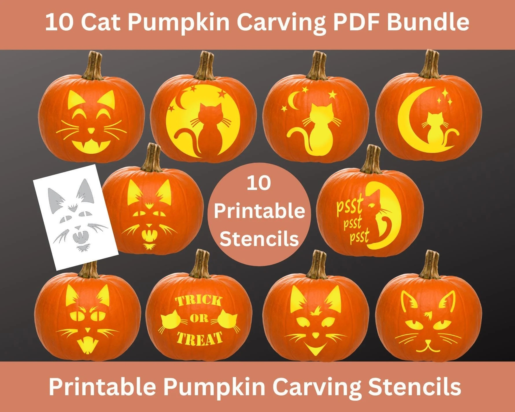 Pumpkin Carving Stencils Halloween Cat Face Jack O Lantern Faces Printable PDF Templates Trick Or Treat Stencils Cat Pumpkin Carving Etsy