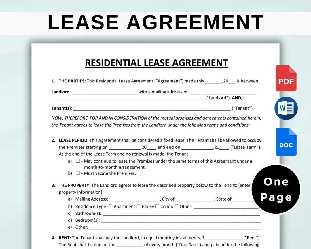 Rental Agreement Template Editable Simple One Page Lease Agreement Landlord Forms Residential Housing Agreement PDF Google Docs Word Etsy