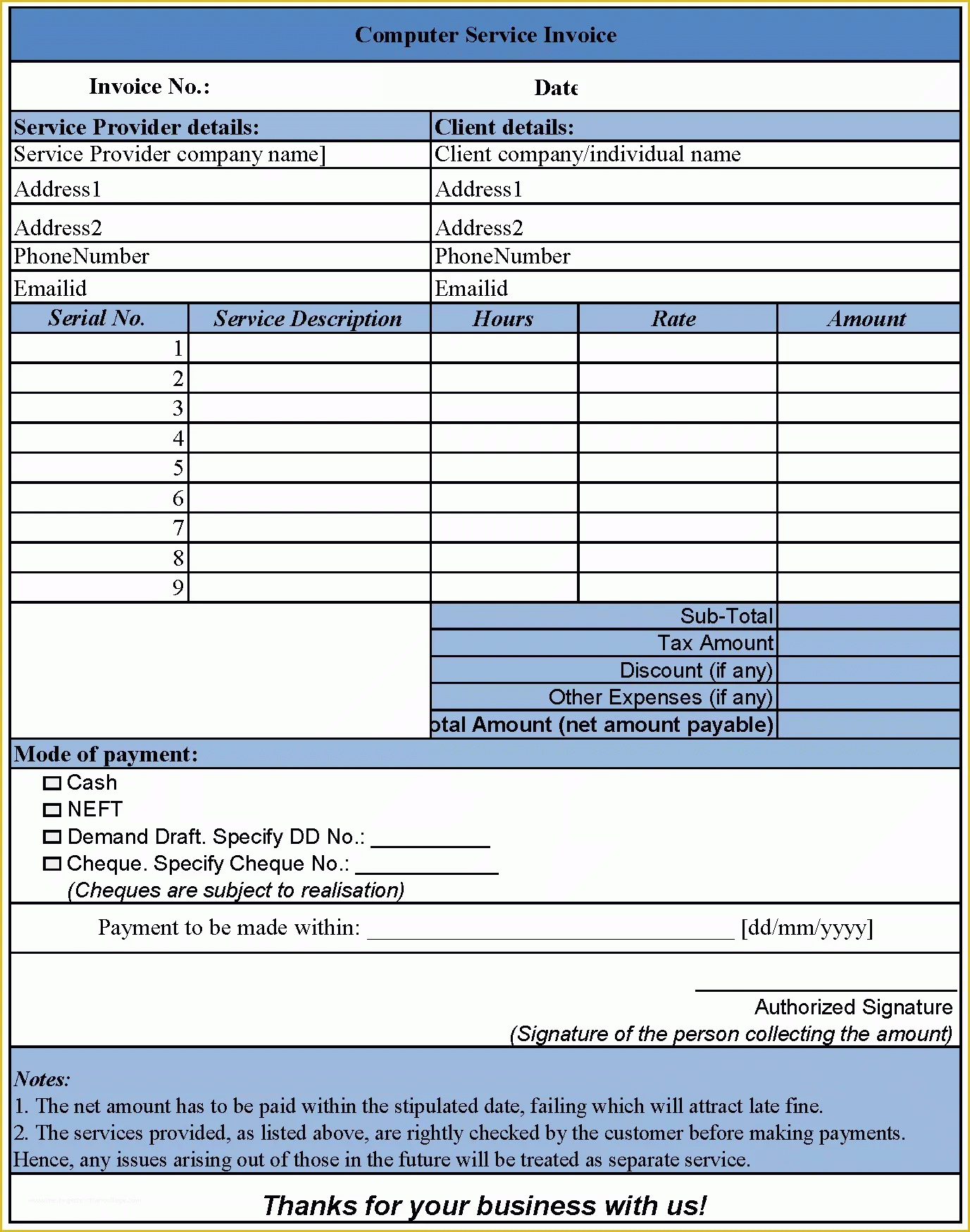 Repair Invoice Template Project Management Templates