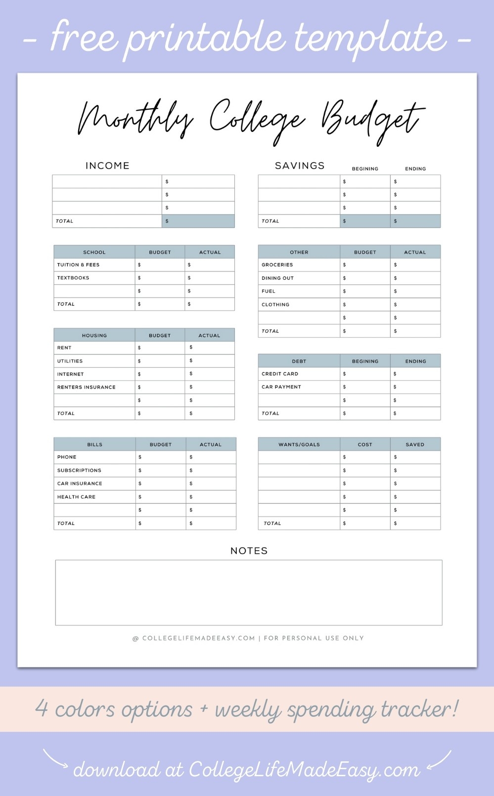 simple budget template for college students free pdf
