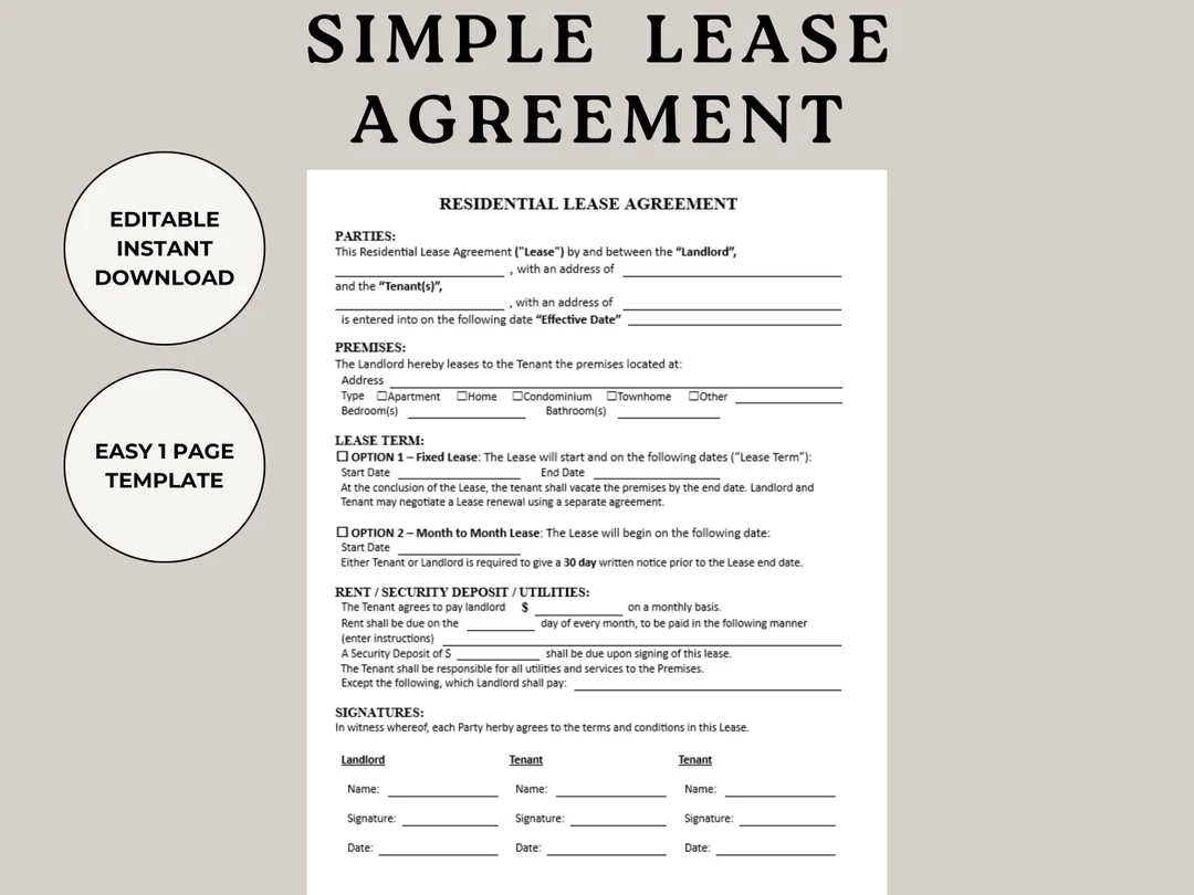 Simple One Page Lease Agreement Template Landlord Rental Contract PDF Word Etsy