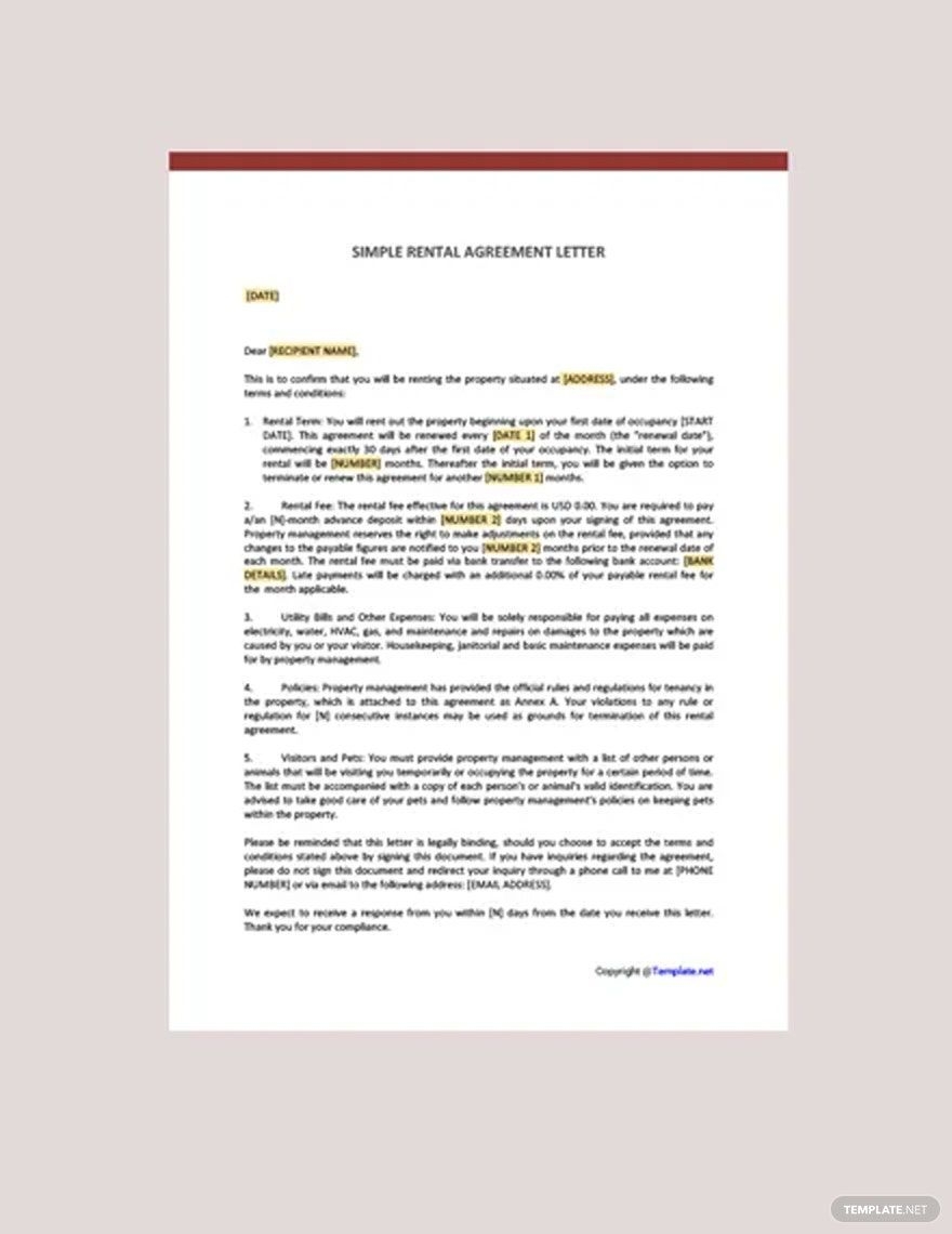Simple Rental Agreement Free Printable Sample