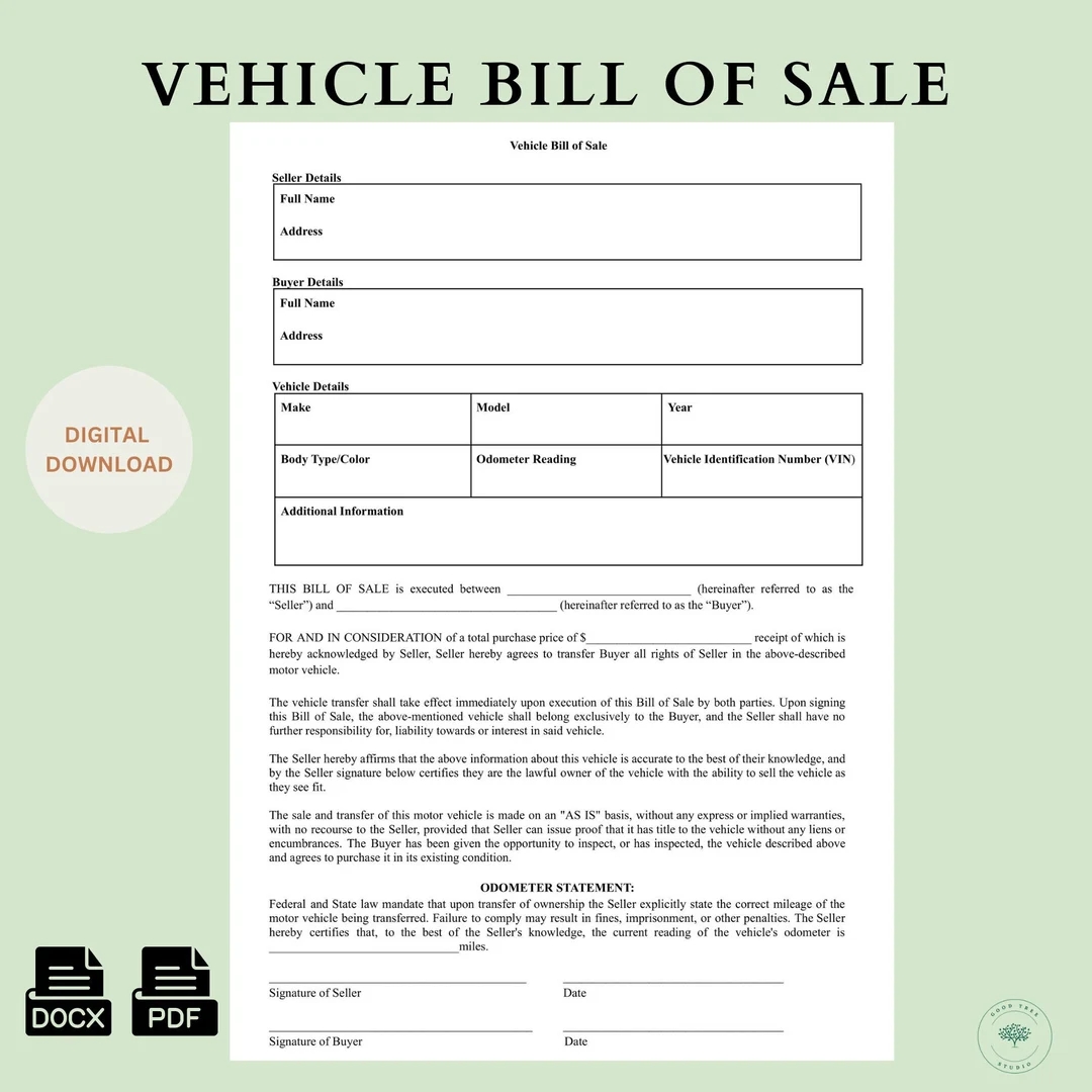 Simple Vehicle Bill Of Sale Motor Vehicle Sale Contract Vehicle Bill Of Sale Form Vehicle Bill Of Sale Template Motor Sale Etsy