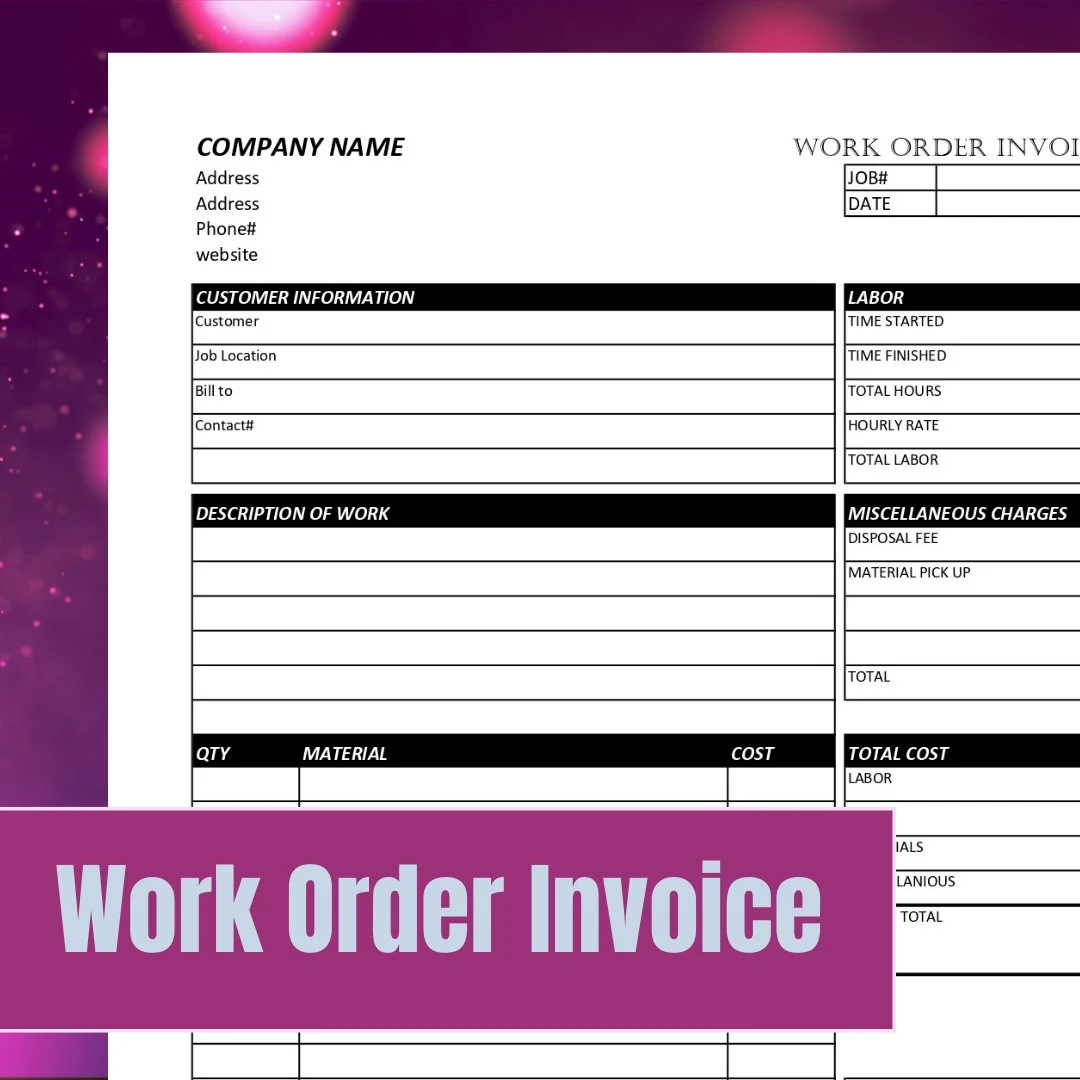 Simple Work Order Invoice Template Printable Invoice Business Form Template Excel Format Landscaping Contractor Painter Etsy