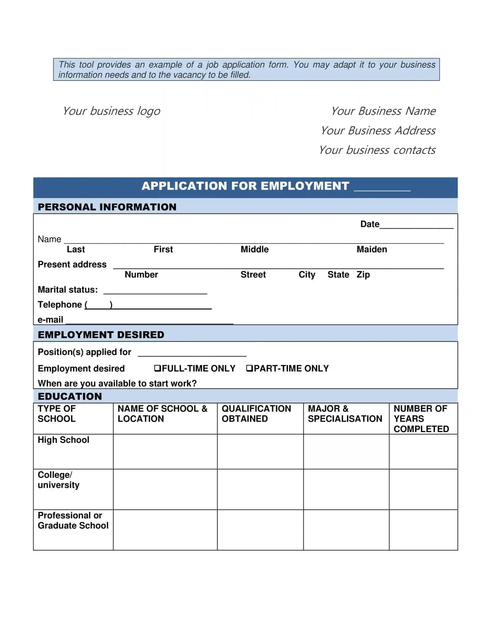 Standard Job Application Printable Printable Party Favors