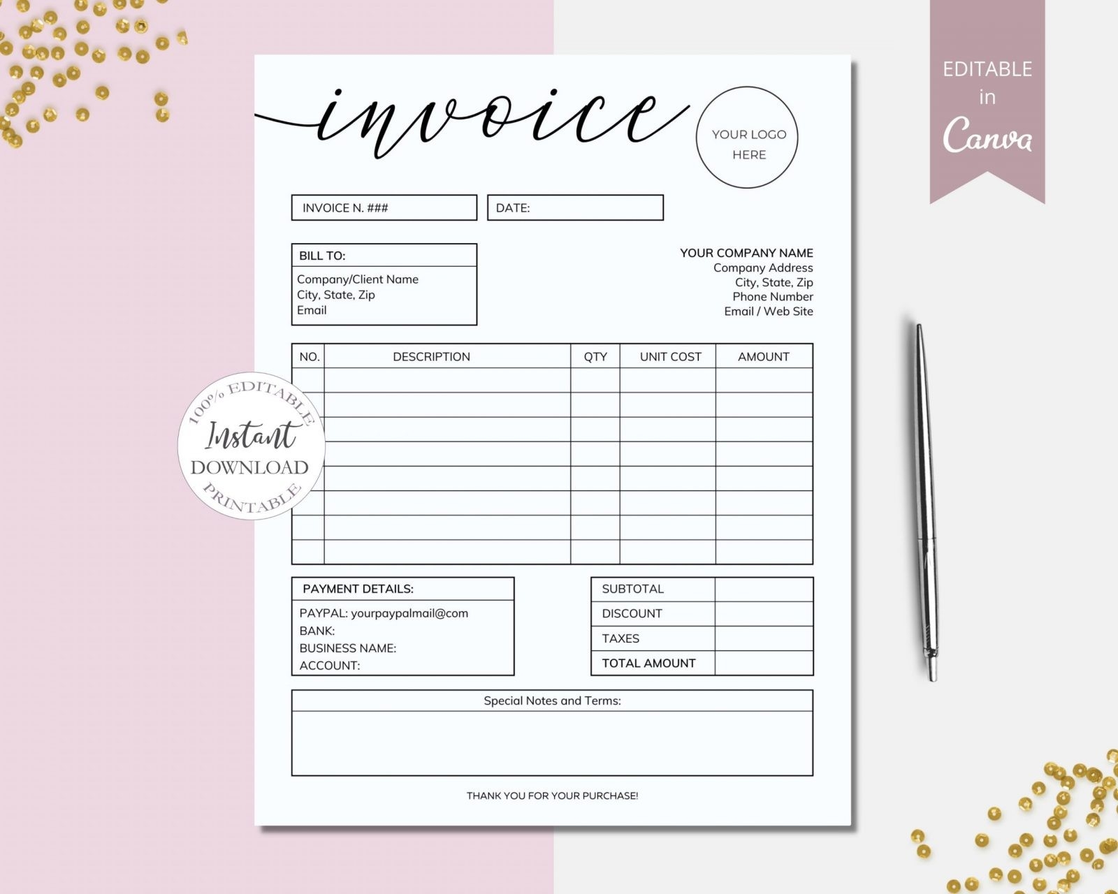 SunRayArt Designs Invoice Editable Template Small Business Forms