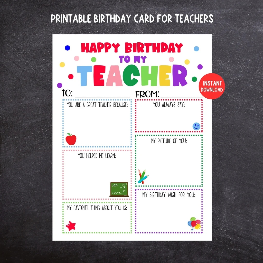 Teacher Birthday Card Printable Kids Birthday Card For Teachers Teacher Keepsake Kids Fill In The Blank Birthday Card For Teacher Etsy