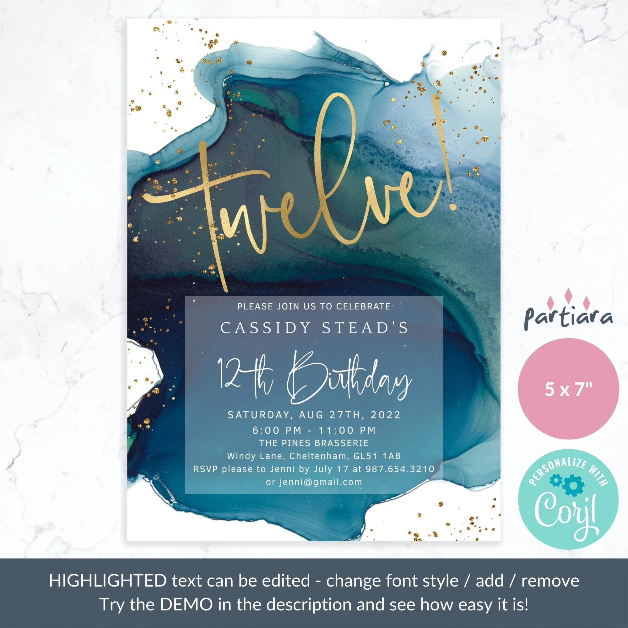 Teal 12th Birthday Invitation Digital Download Blue Gold Twelve Party Invites Editable Boy Or Girls Green Surprise Invite Printable P132 Etsy