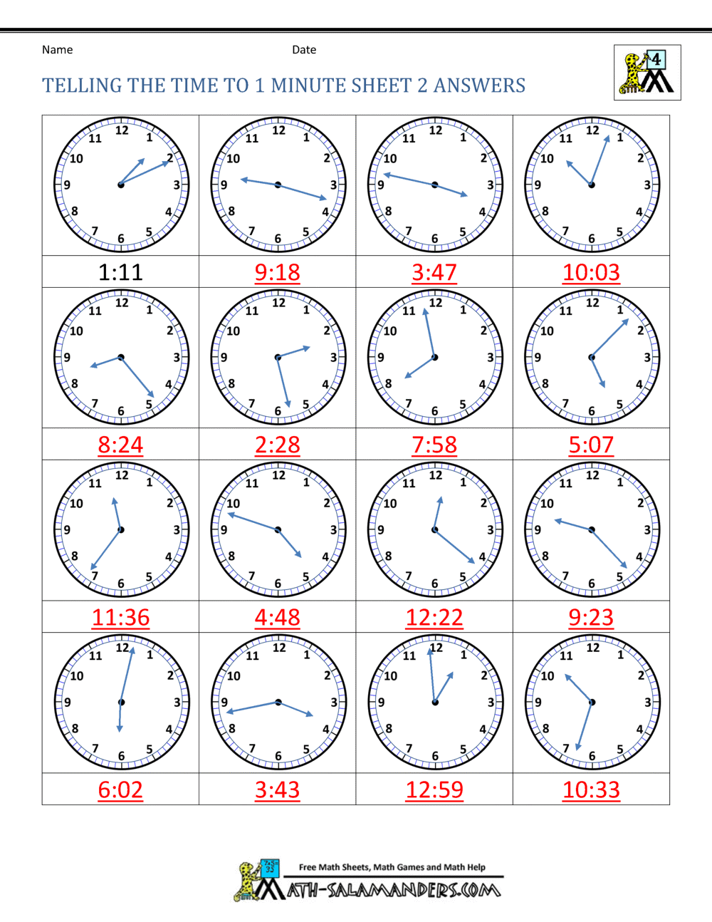 Free Printable Math Worksheets Telling Time