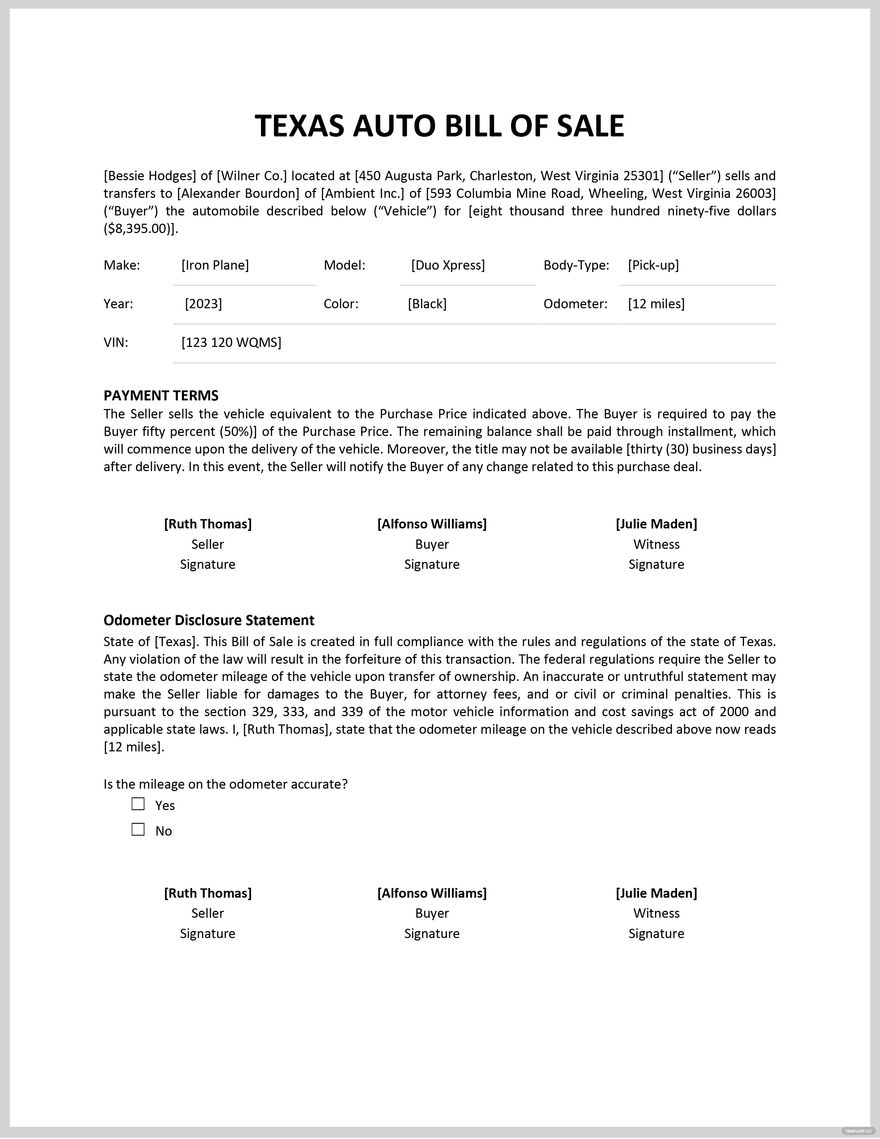 Texas Auto Bill Of Sale Template In PDF Word Google Docs Download Template
