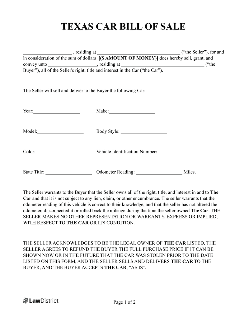 Texas Bill Of Sale Forms DMV Firearm LawDistrict