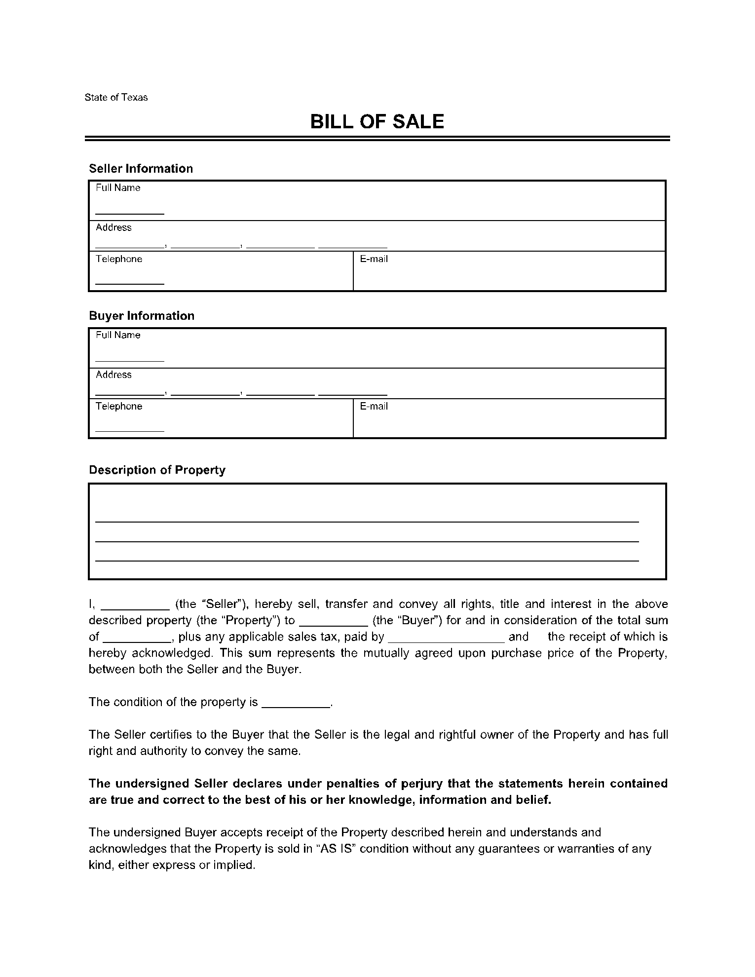 Texas Bill Of Sale Free PDF Forms CocoDoc