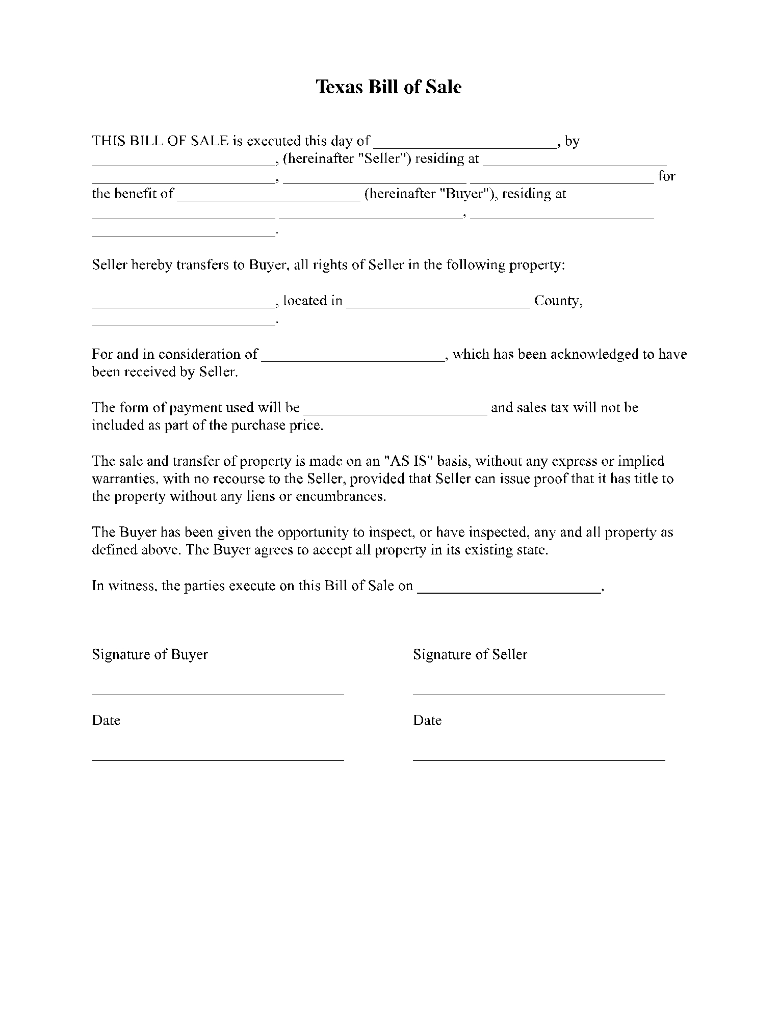 Texas Bill Of Sale Template Free Download CocoSign