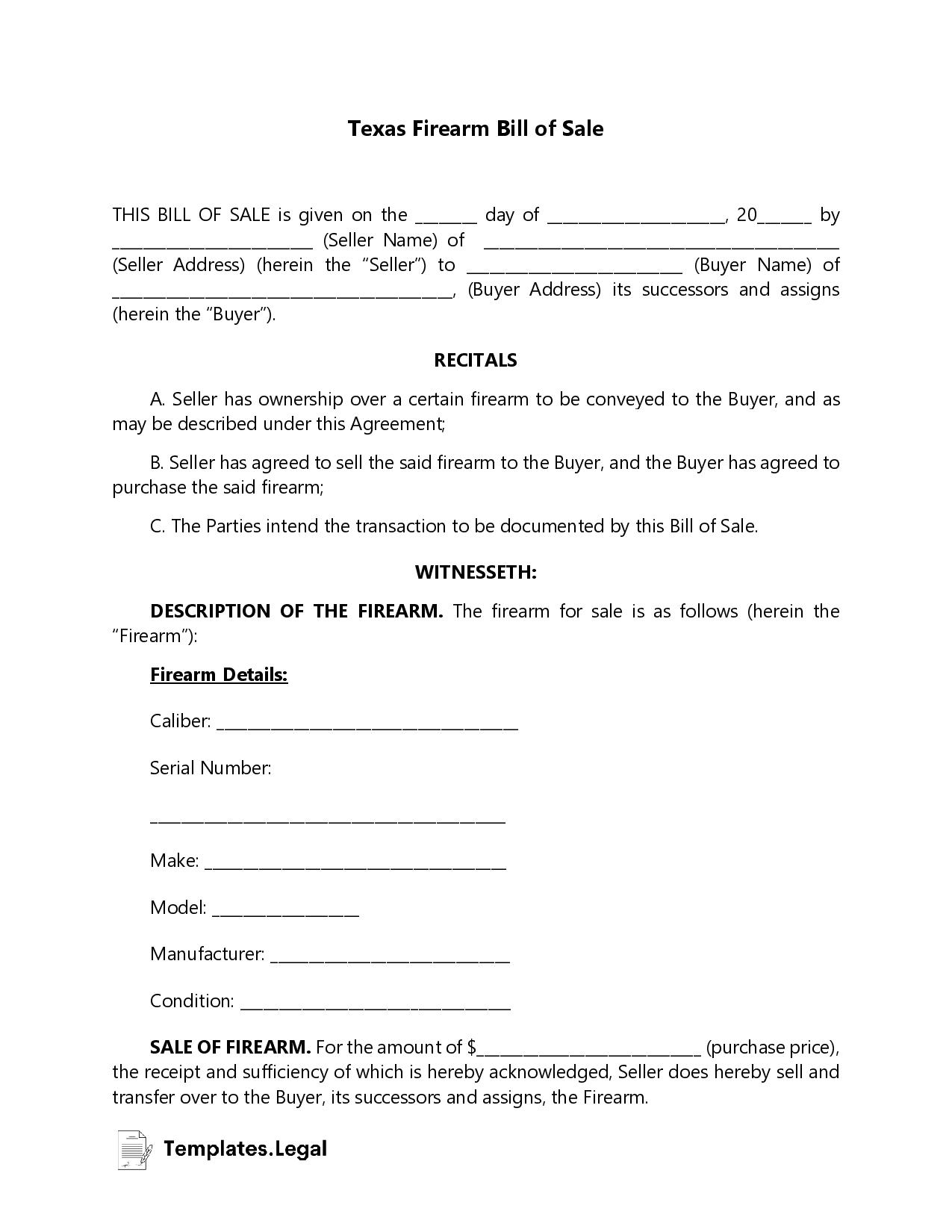 Free Printable Bill Of Sale Texas Template
