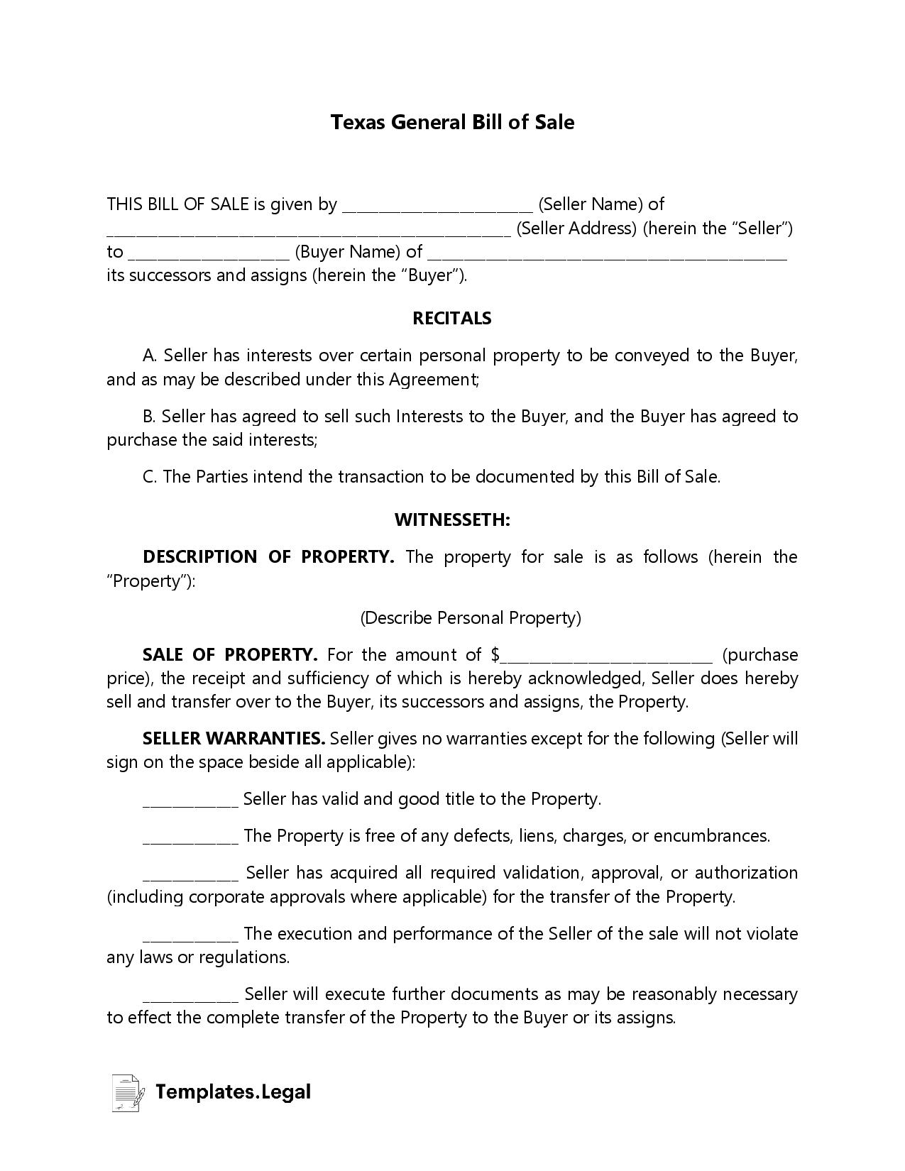 Texas Bill Of Sale Templates Free Word PDF ODT 