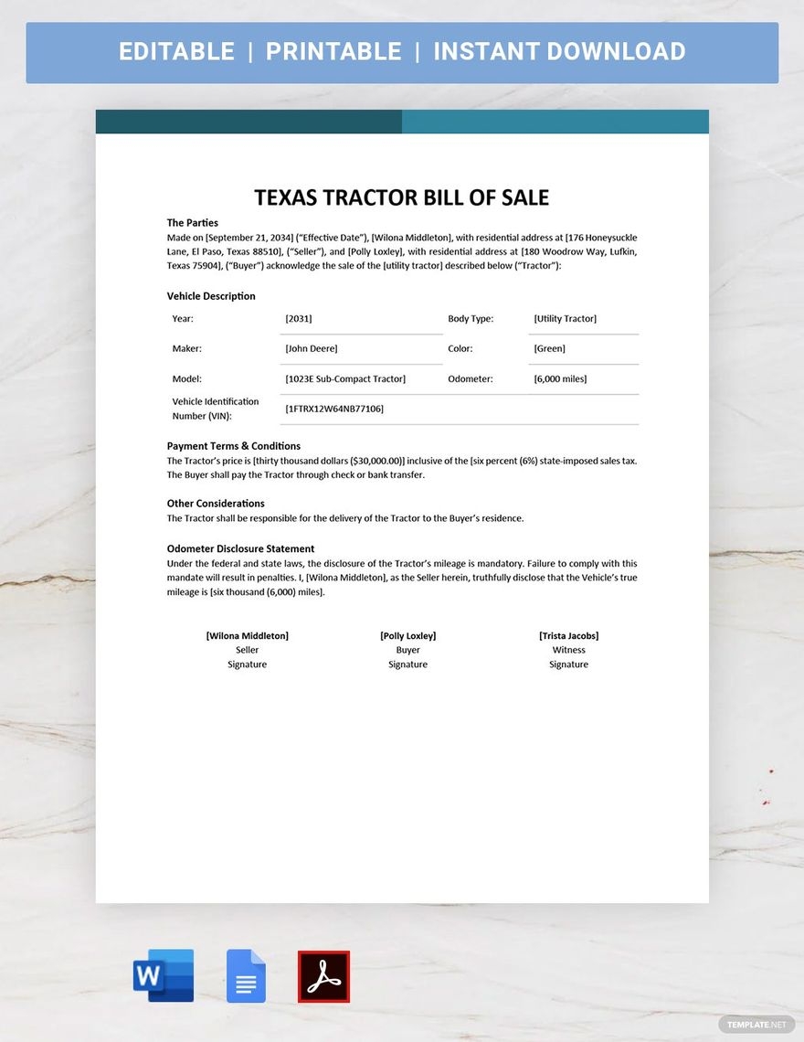 Texas Equipment Bill Of Sale Form Template In Word Google Docs PDF Download Template