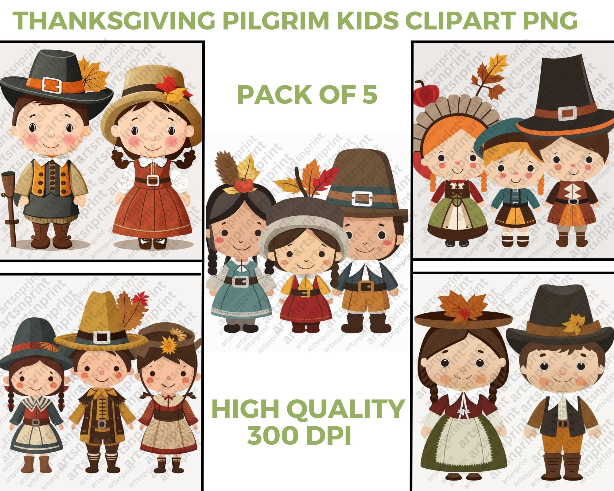 Thanksgiving Pilgrim Kids Clipart PNG 5 Pack 300 Dpi Realistic Children s Indian Images Clip Art Etsy