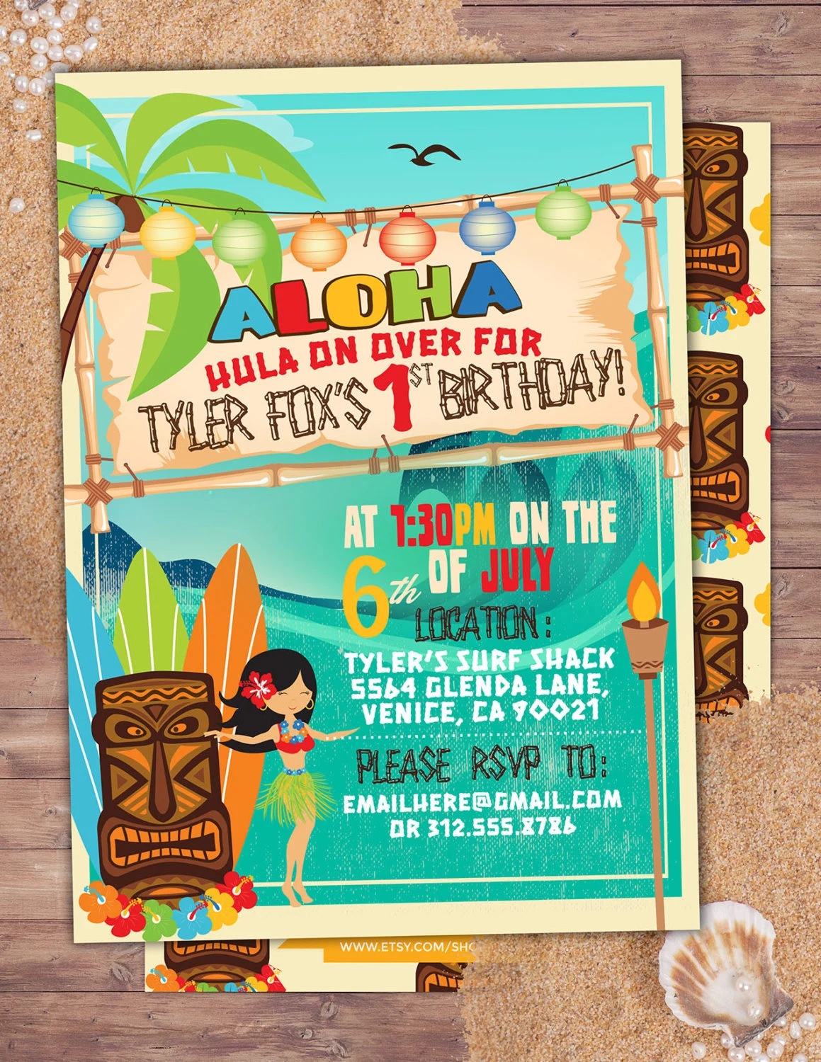 Tiki Party Hawaii Invitation Pool Party Invitation Surfer Birthday Invite Aloha Surfer Girl Birthday Pool Party Swimming Surfing 