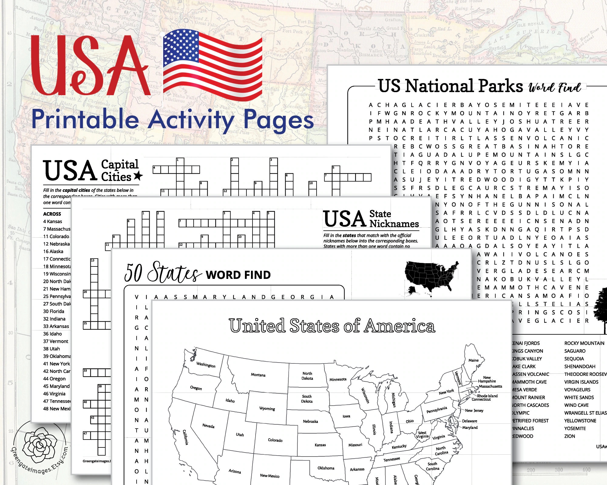 USA Activity Printables Pack Kids Geography Activities Homeschool Road Trip Game Educational Crossword Puzzle Word Search Coloring Etsy