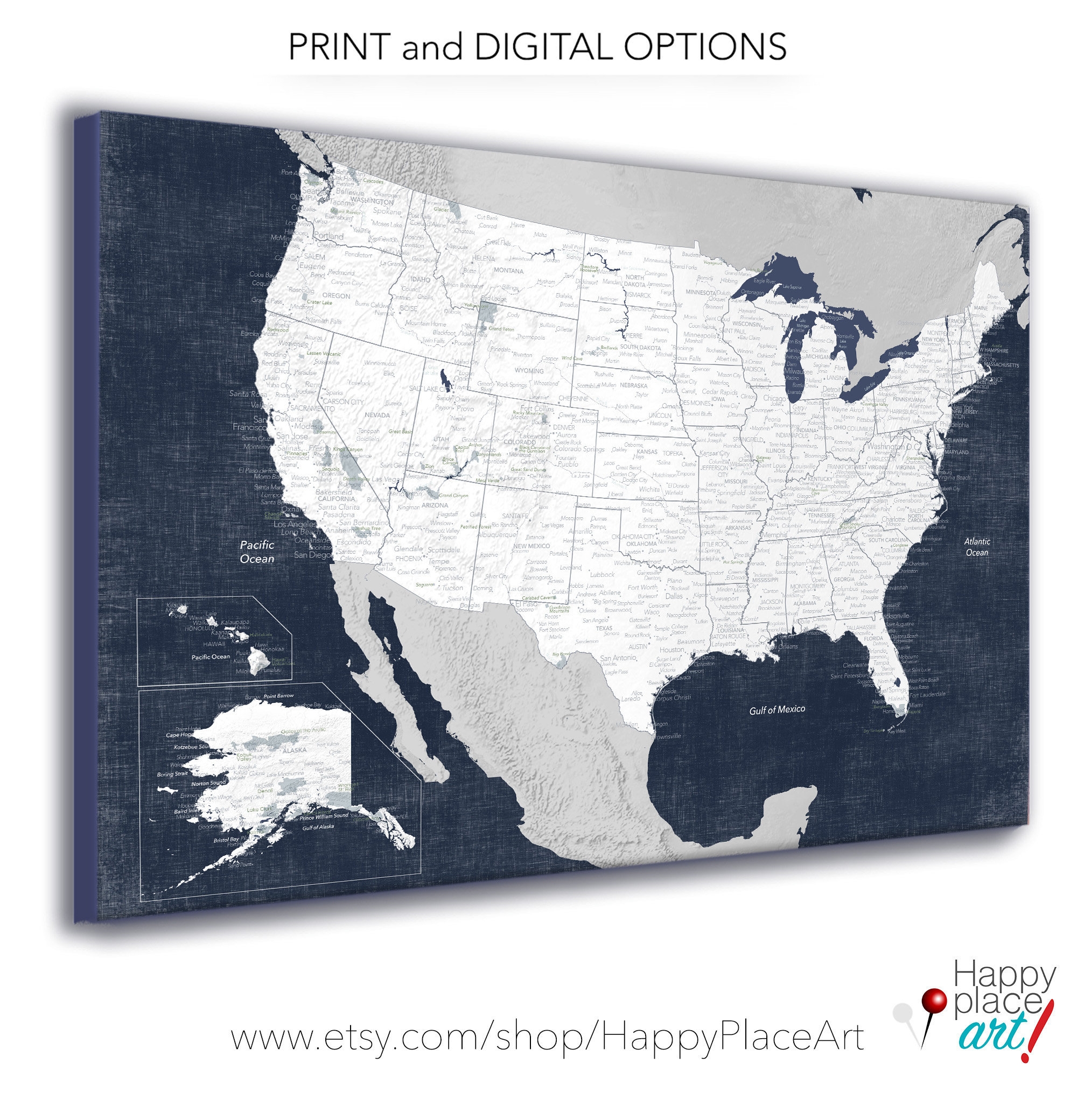 USA Map Print With Cities States National Parks And Relief Texture North America Travel Map For Teen Navy Bedroom Decor Free Shipping