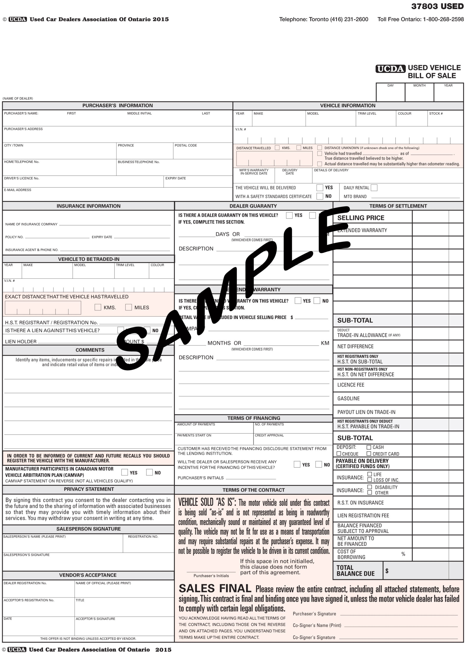 Used Vehicle Bill Of Sale The Used Car Dealers Association Of Ontario