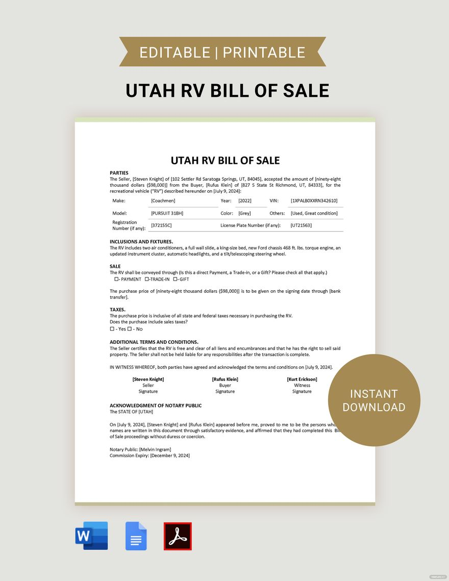 Free Printable Bill Of Sale Utah