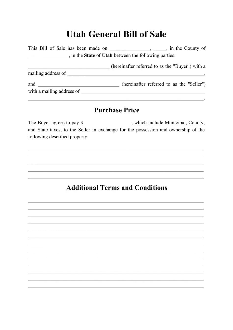 Utah Generic Bill Of Sale Form Fill Out Sign Online And Download PDF Templateroller