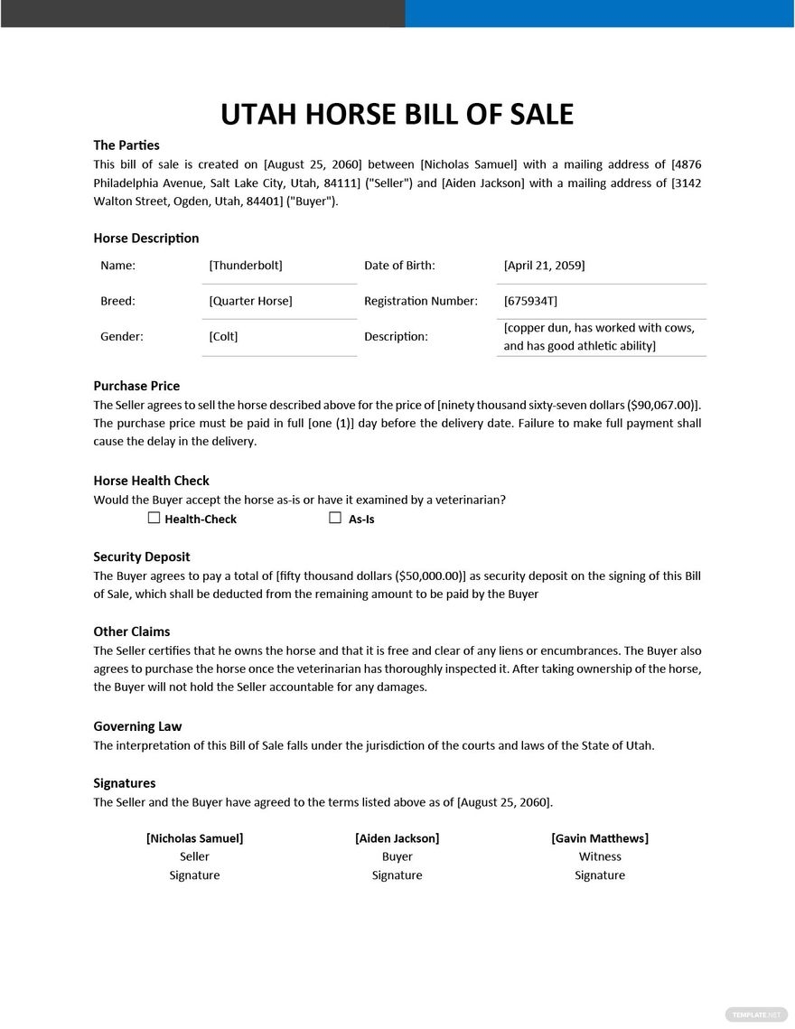 Utah Horse Bill Of Sale Template In Google Docs Word PDF Download Template