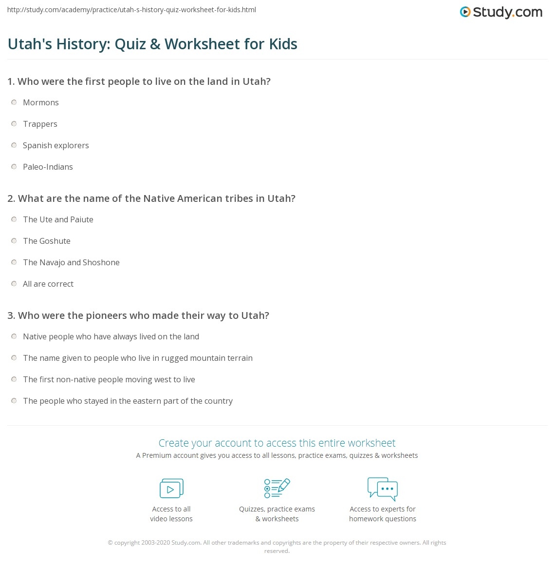 Utah s History Quiz Worksheet For Kids Study