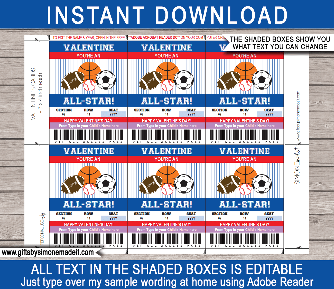 Valentines All Star Sports Class Gift Card Template School VIP Pass Gift Tag