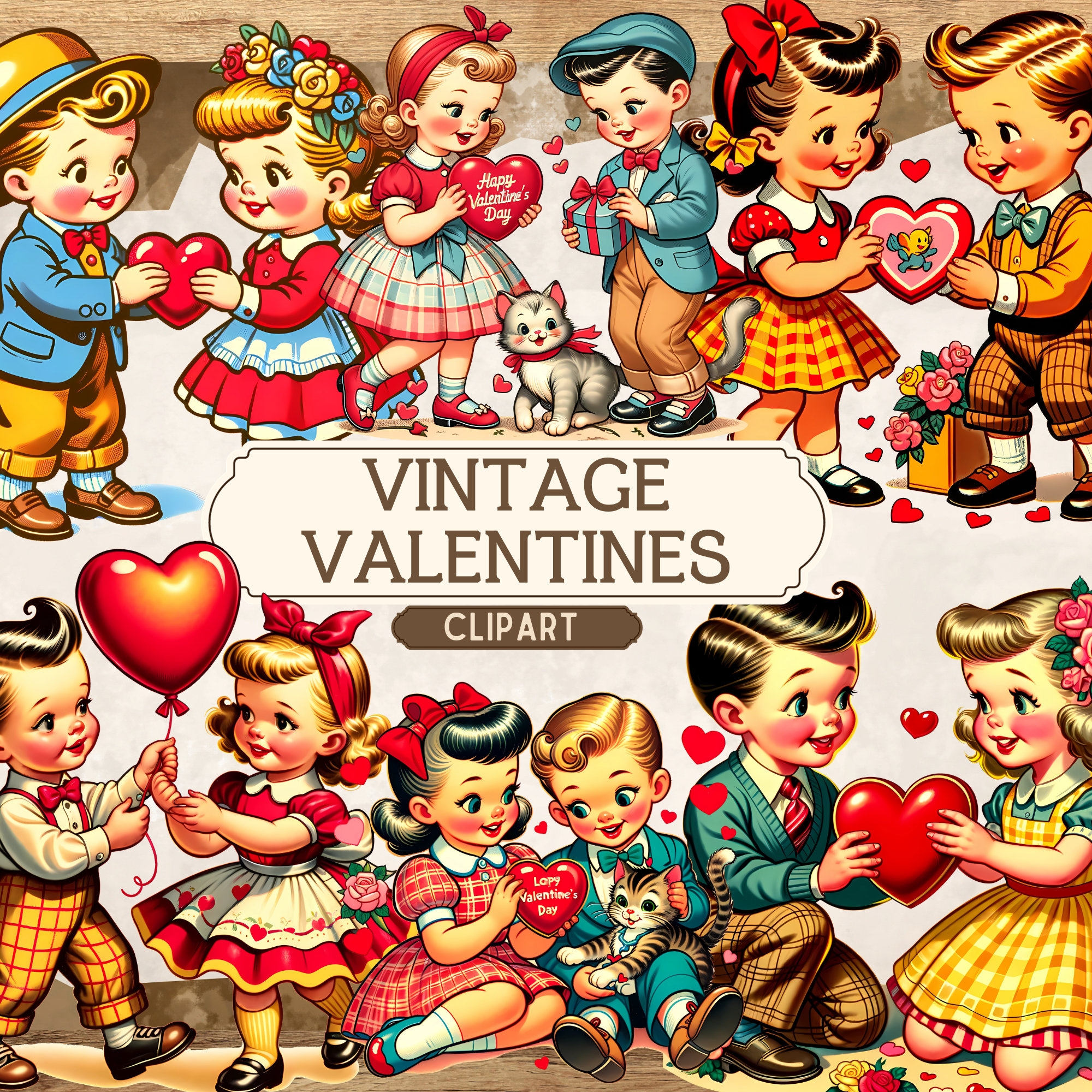 Vintage 1950s Retro Valentines Clipart Love Cute Romance PNG Bundle Junk Journal Kit Printable Digital Download Commercial Use Etsy