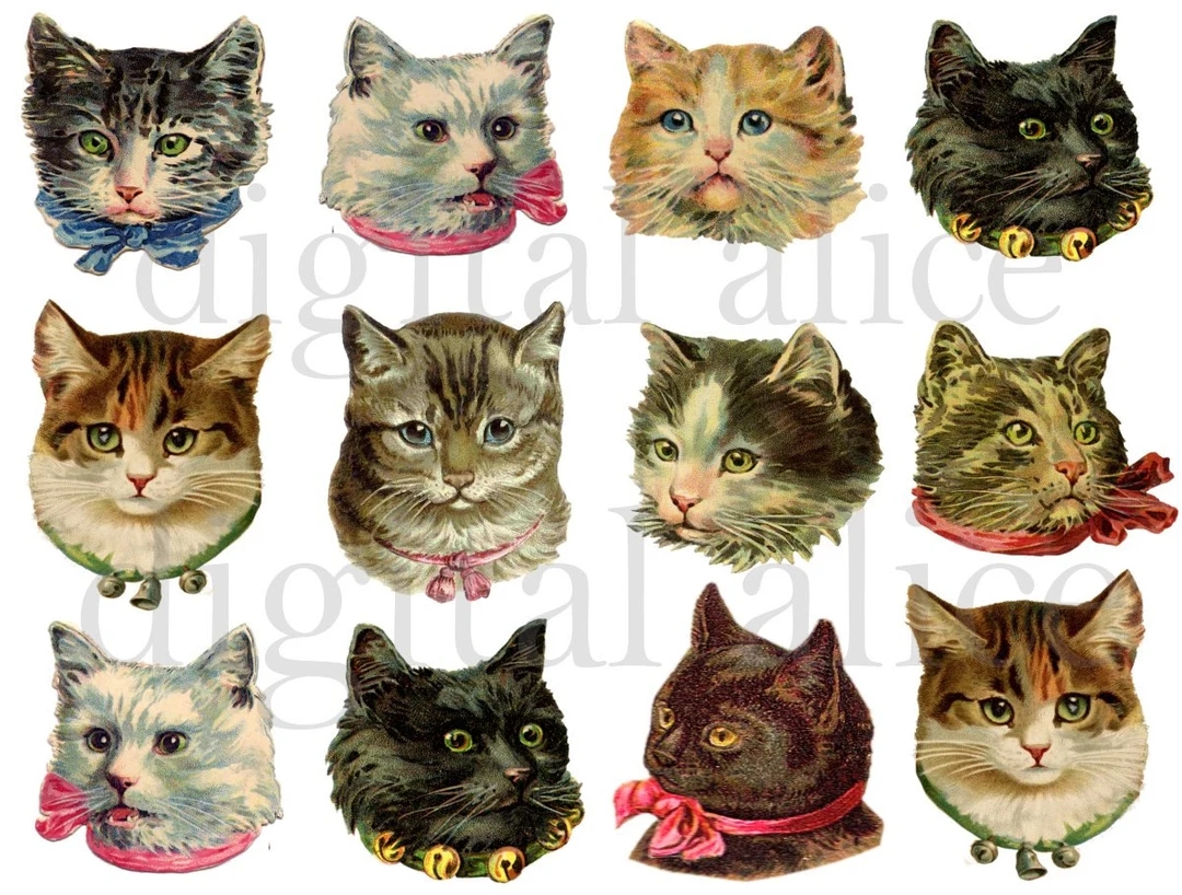 Vintage VICTORIAN CATS Fluffy Cute Kitty Cat Heads Instant Download Digital Printable Scrap Collage Sheet Diy Print Png And Jpg Etsy