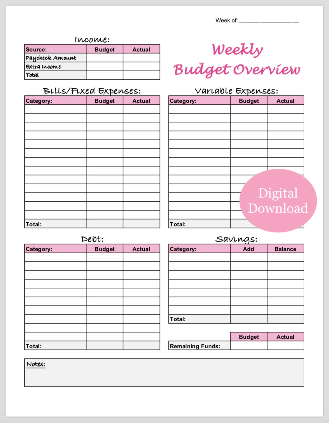 weekly budget overview template printable pink etsy