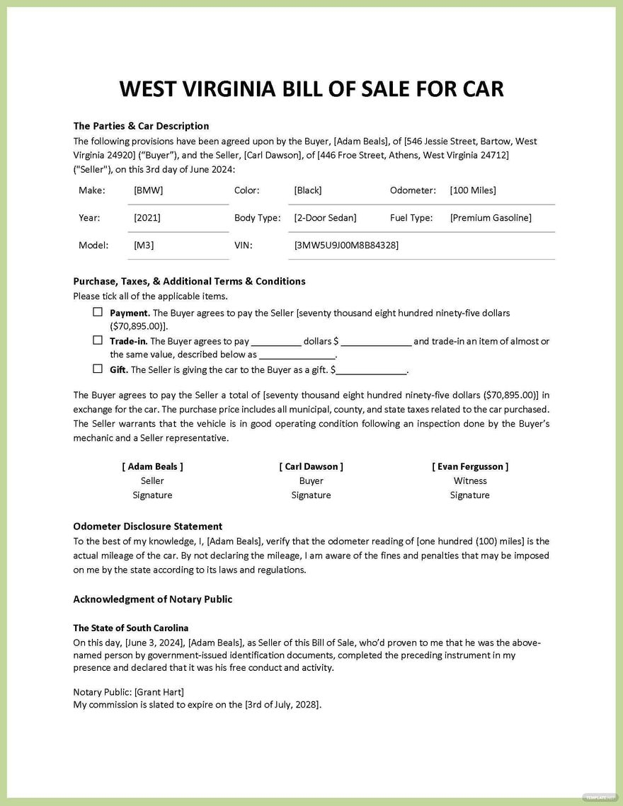 West Virginia Bill Of Sale For Car Template In Google Docs Word PDF Download Template