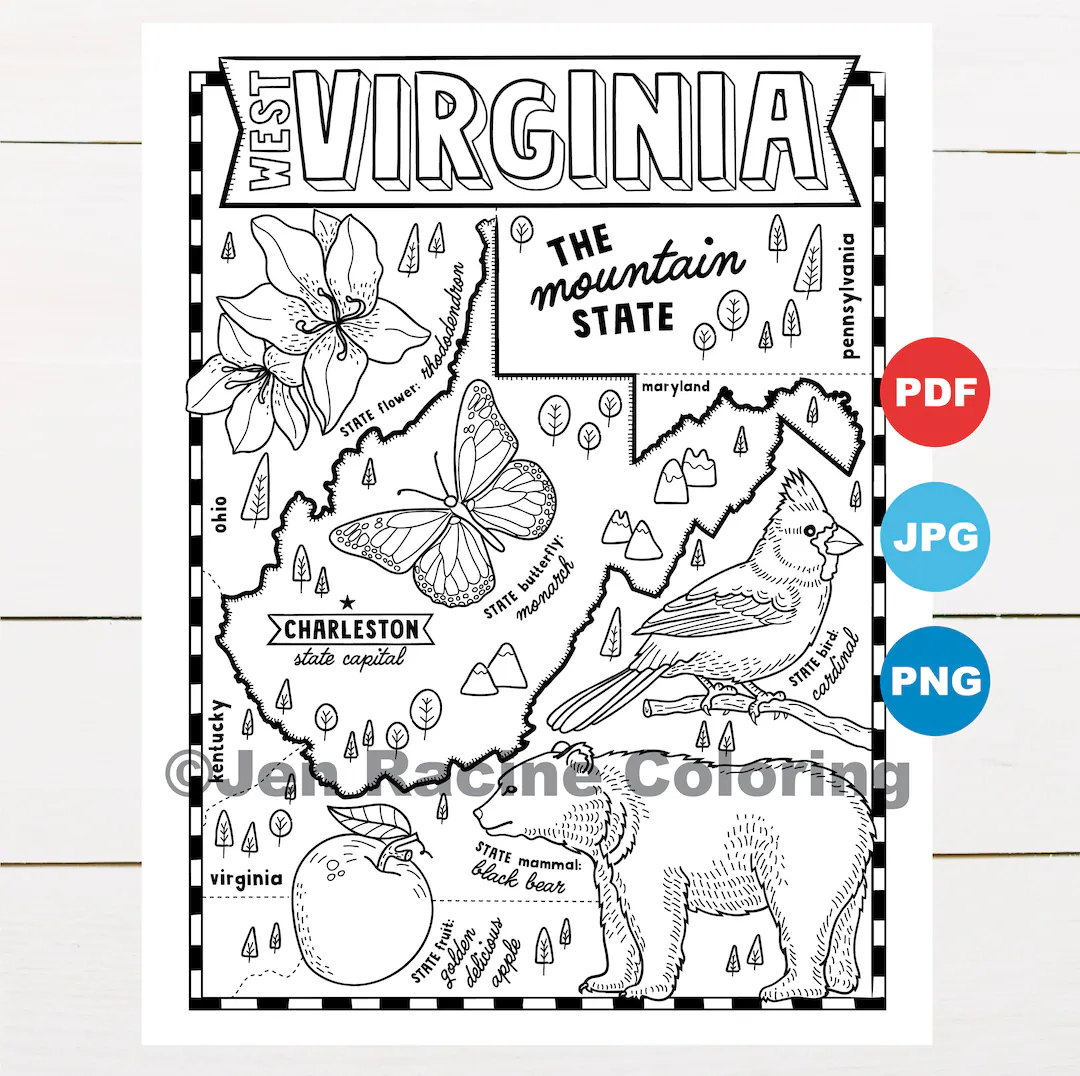 West Virginia Coloring Page United States State Map Wildlife State Symbols Flowers Coloring Pages Etsy