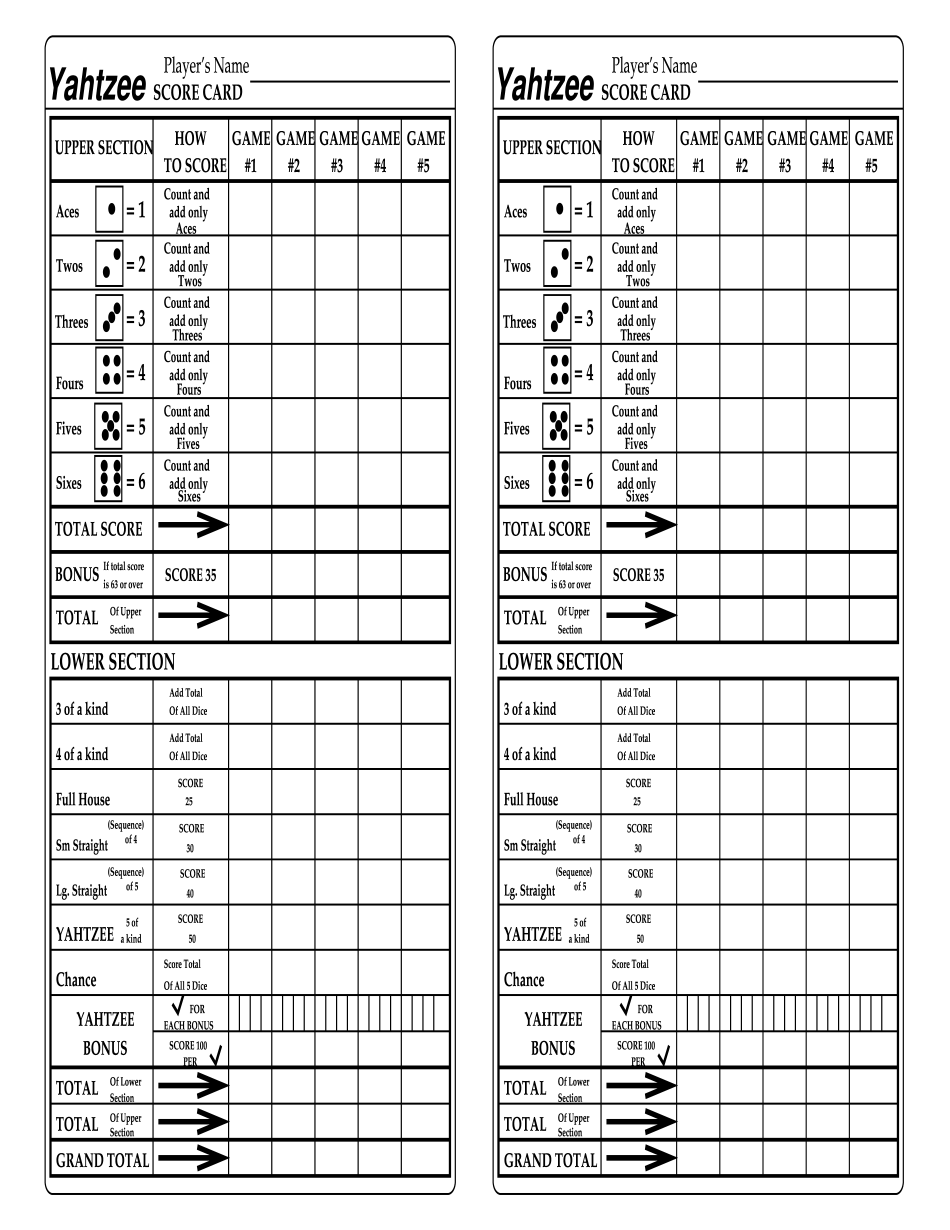 Yahtzee Score Card Form Printable Blank PDF Online