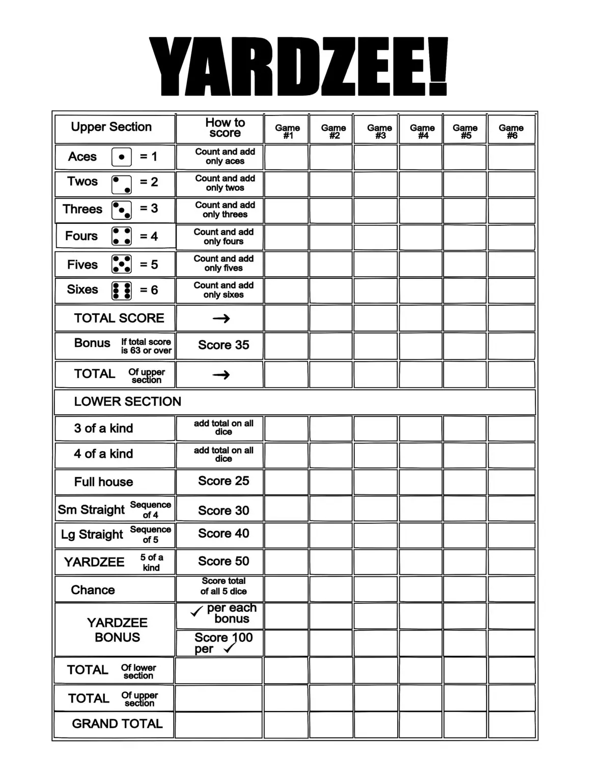 Yahtzee Score Cards Printable Family Reunion Helper